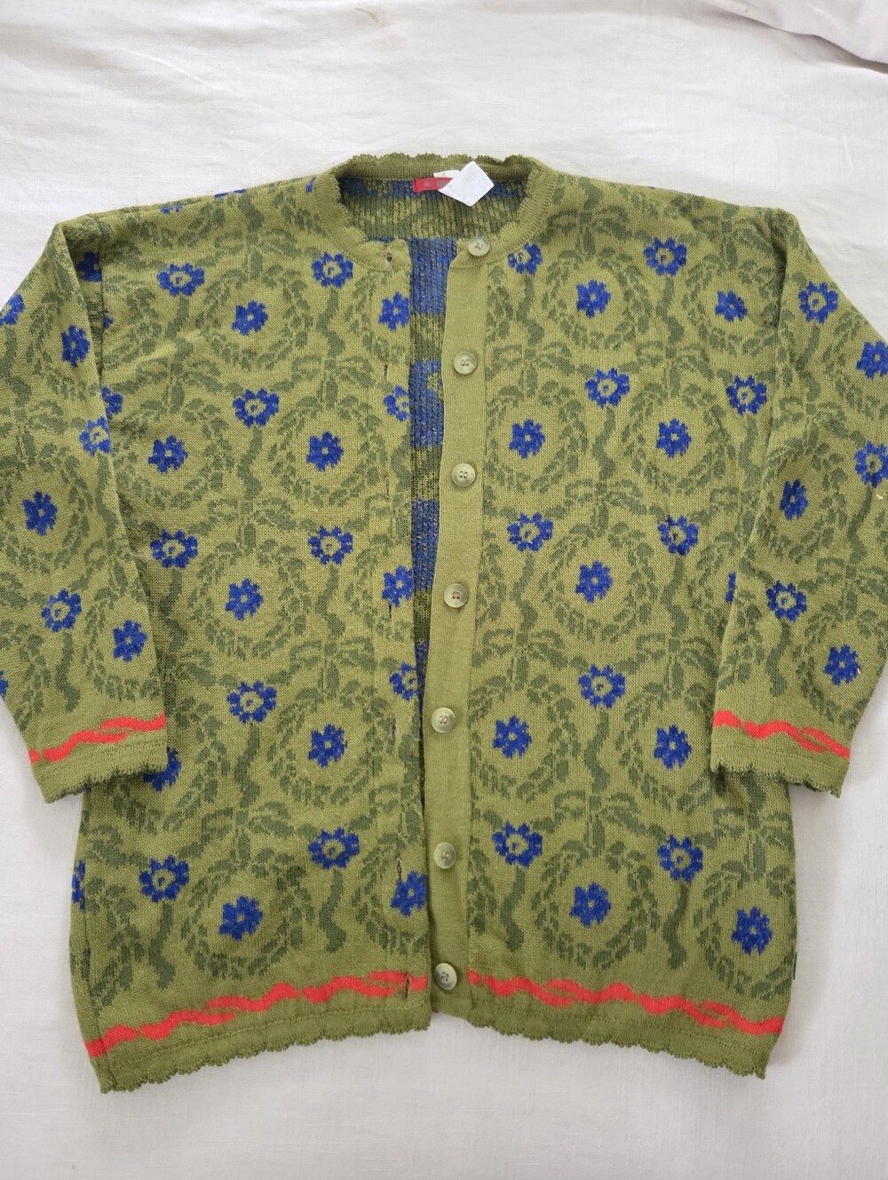 Oilily Green Floral Wool Blend Knit Cardigan Blue Flowers Wallpaper Medium Women